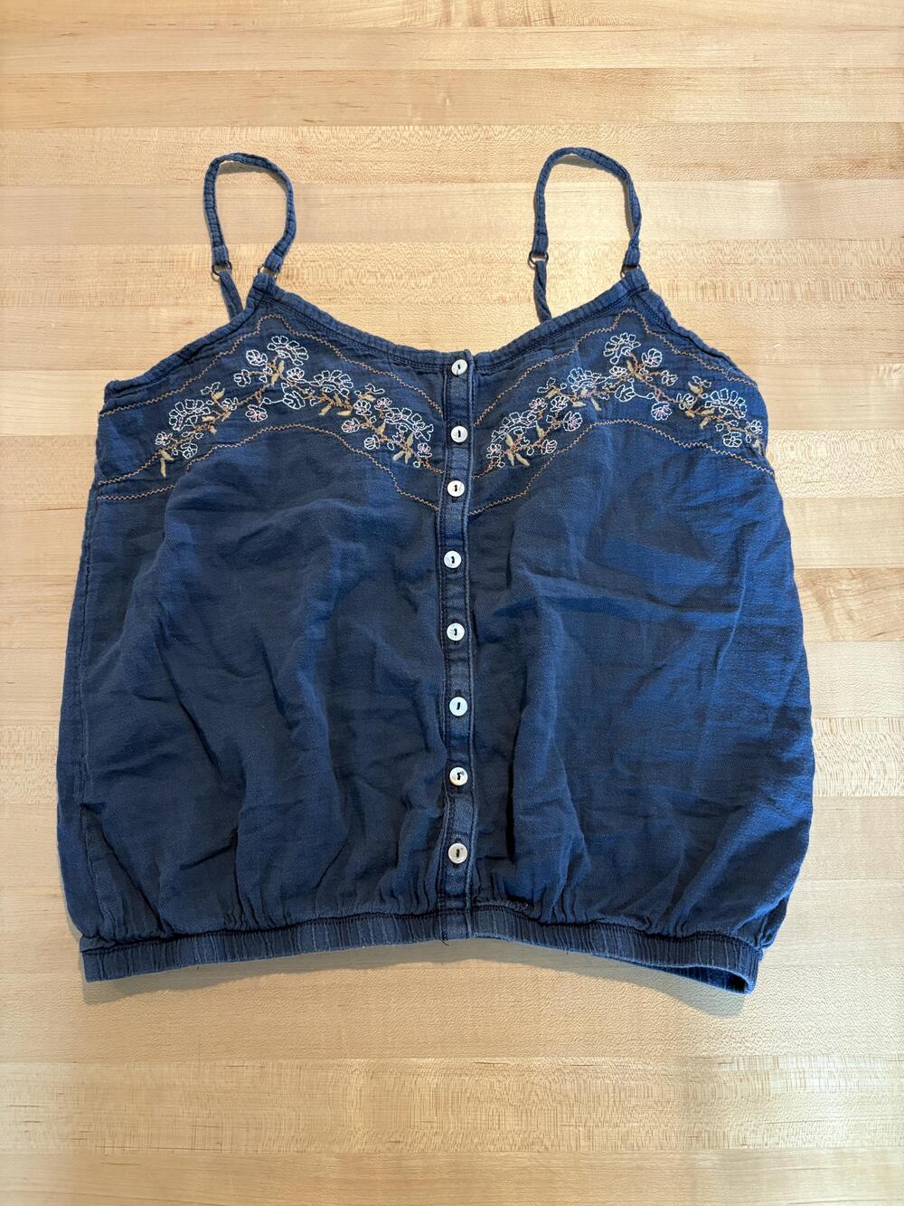 twentyone Tank Top Womens Medium Blue Embroidered Button Accent Spaghetti Strap